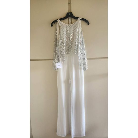 Sho(Tadashi Shoji) Ashley Backless Jumpsuit,  Ivory Crepe with Mate Silver Sequi - Picture 3 of 9